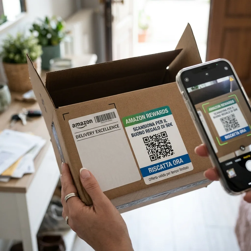 Pacco Amazon con falso QR code truffa inquadrato con lo smartphone